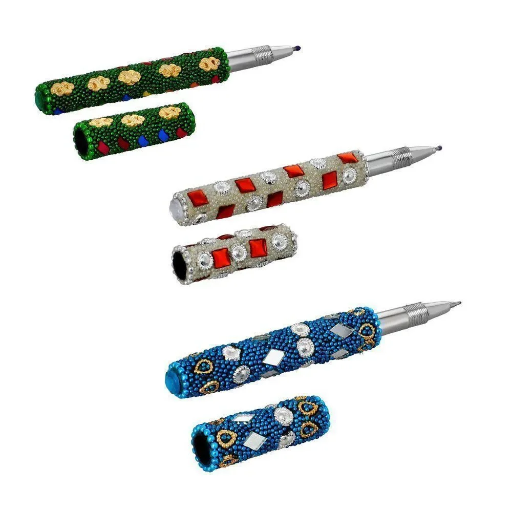 Handcrafted  Embroidered Journal and Set of 3 Beaded Pens Yellow